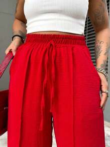 Duna Women's Wide Leg Pants With Elastic Waist And Pockets, High Waist - Đỏ - Xem 1