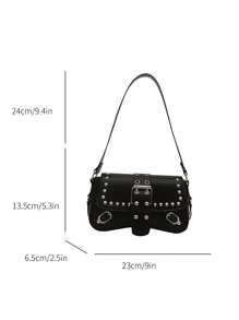 时尚铆钉女式单肩包、腋下包、新月包、带腰带夹的机车包 - 黑色 - 查看 3