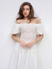 Women's Off Shoulder Polka Dot Long Dress, Suitable For Vacation And Beach.