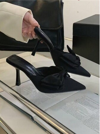 2025 French Bow Pointed-Toe High Heel Sandals For Women, Black, Fairy-Like Design, Suitable For Party & Valentine's Day Gift