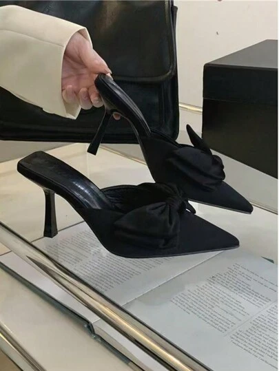 2025 French Bow Pointed-Toe High Heel Sandals For Women, Black, Fairy-Like Design, Suitable For Party & Valentine's Day Gift