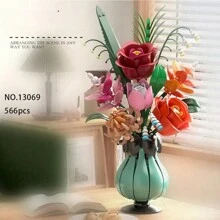 500+Pcs/Box Assorted Wooden Blossom Bouquet Including Rose, Magnolia & Other Flowers, Precise Flower Brick Arrangement, Everlasting Decoration For Home & Office, Romantic Gift - Three-color Building Block Vase - View 13