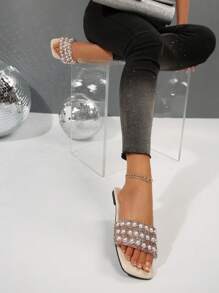 PEIYUMI 新款女士星星水钻凉鞋优雅拖鞋时尚烫花休闲沙滩透明 H 型拖鞋 - 米色 - 查看 6