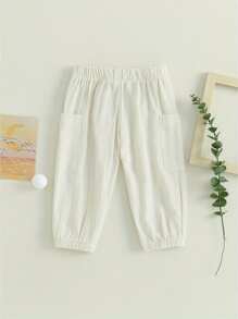 Pantalones deportivos casuales para bebés varones de 6 meses a 4 años, pantalones cargo con botones y cordón de color sólido con bolsillos, ropa para niños pequeños - Beis - Ver 3