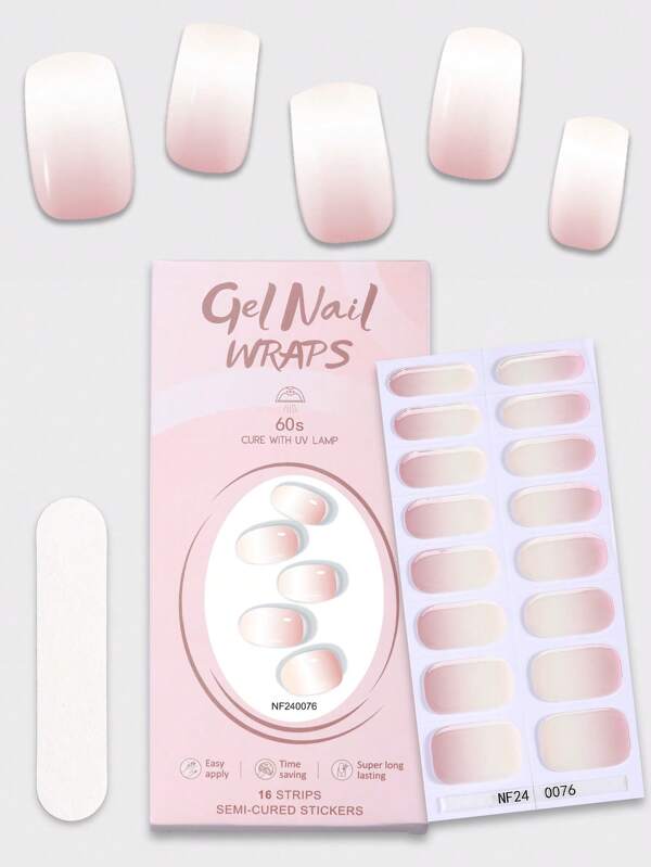 Beauty Sticker 16 Stücke semi-gehärtete Gel-Nagel-Streifen, rosa & weiß Farbverlauf selbstklebende Vollnagel-Covers für Frühling/Sommer, halten bis zu 14 Tage, einfach anzubringen & zu entfernen, DIY Nagel-Kunst Aufkleber für Frauen