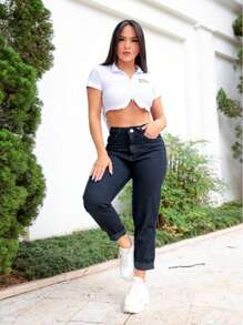 Women's Black Mom Jeans Denim Pants - Black - View 2