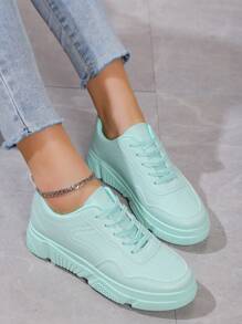 Women's White Sneaker, Casual Platform Shoes, Net Celebrity Style, Anti-Slip Thick Sole, Leather Upper Student Shoes - Green - View 2