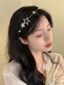 1 pieza Diadema elegante y minimalista con estrella hueca de perla y cristal, accesorio decorativo para el cabello para fiestas y uso diario