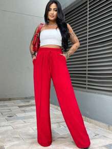 Duna Women's Wide Leg Pants With Elastic Waist And Pockets, High Waist - Đỏ - Xem 3