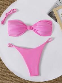 女士夏季时尚性感抹胸比基尼泳装套装，度假沙滩粉色 - 粉色 - 查看 4