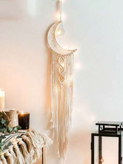 1 st Boho Macrame Vävd Vägghängande Virkad Crescent Moon & Star Drömfångare med långa tofsar, handgjorda bohemiska heminredningskonsthantverk för barn sovrum, sovsal (exklusive ljus)