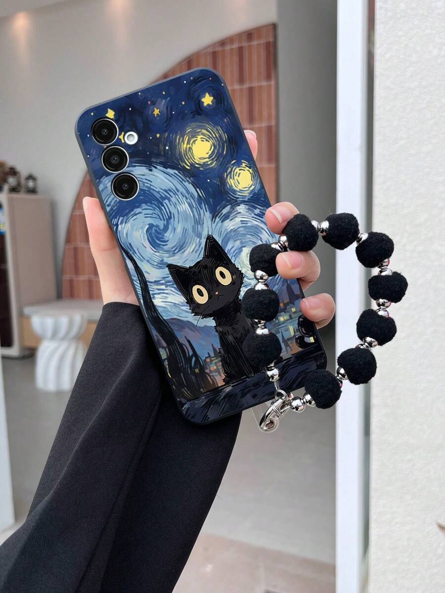 1个黑色TPU卡通猫图案防震手机壳和1个黑色毛球手机挂绳,兼容、安卓手机等,兼容OPPO等。防水防摔防刮,国际版,非国内版。 - 彩色 - 查看 1