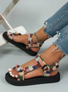 女士时尚印花平底凉鞋，全新夏季厚底钩环露趾户外沙滩软底舒适透气运动凉鞋