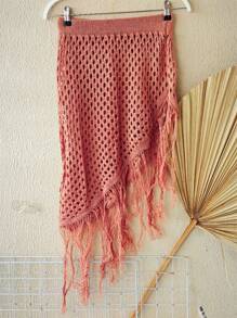 Knitted Beach Cover-Up Skirt With Fringes - 珊瑚粉 - 查看 6