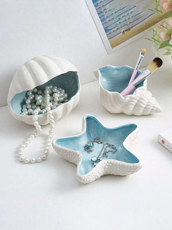 1 Bandeja de Armazenamento Cerâmica para Joias, Bandeja de Joias com Formato de Concha/Concha/Estrela do Mar, Anel e Brincos