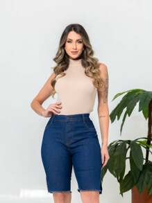 Women's Bermuda Jeans, High Waist, Covered Button, Shapes Butt - 深色水洗藍 - 查看 3
