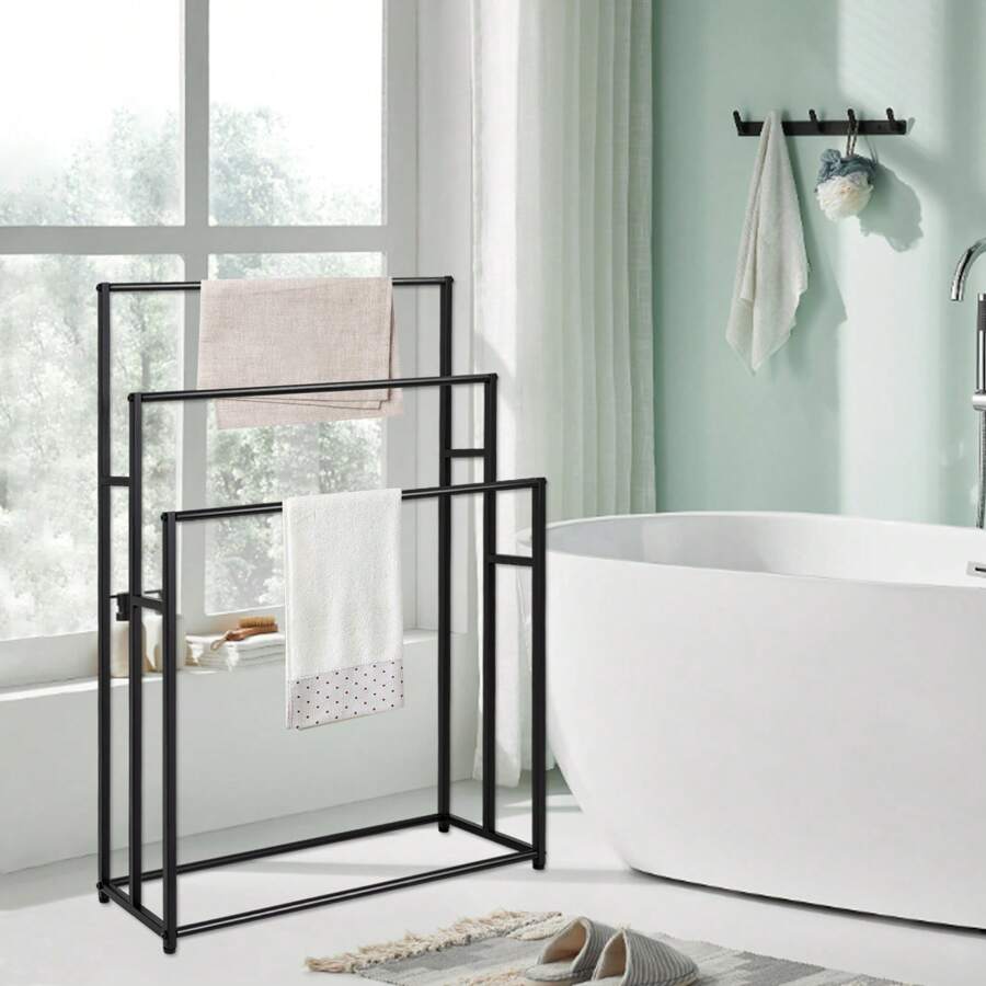 YUNRUX Freestanding 3 Bar Towel Rail Oversized Floor Standing Towel Rack Rectangular Bathroom Bath Towel Stand