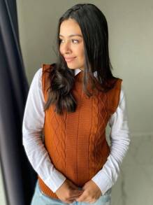 Women's Knitted Vest Braid Max Vest Overlay Knit Fashion Blogger - Camel - Ver 2