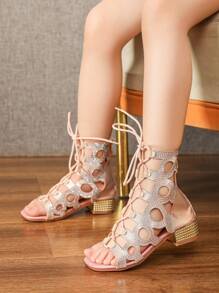 Girls Pink Summer Sandals, Children High Heel Bling Sandals, Girls Zipper Closure Sandals - Pink - View 2