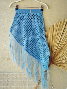 Knitted Beach Cover-Up Skirt With Fringes - 藍色 - 查看 4