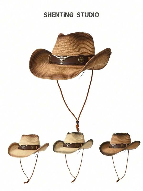 1 pièce Chapeau de cow-boy pour femmes avec décorations de tête de vache et peinture dégradée. Chapeau de soleil polyvalent et pour le printemps/l'été, offrant une protection UV pour l'extérieur et la plage.