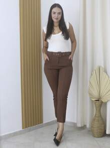Women's Tailored Formal Pants In Polyester Elastane With Belt - Maxma 6622 - Rust Brown - View 2