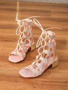 Girls Pink Summer Sandals, Children High Heel Bling Sandals, Girls Zipper Closure Sandals - Pink - View 6