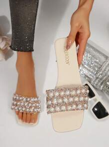 PEIYUMI 新款女士星星水钻凉鞋优雅拖鞋时尚烫花休闲沙滩透明 H 型拖鞋 - 米色 - 查看 7