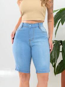 Women's Bermuda Jeans, High Waist, Covered Button, Shapes Butt - Light Wash - View 1