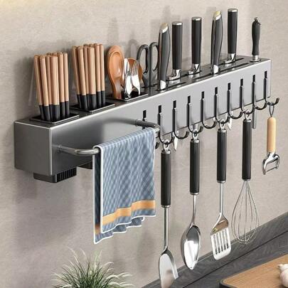 Organizador de Cocina de Pared Multifuncional, Soporte para Cuchillos, Utensilios y Toalla con Ganchos, Ahorra Espacio y Mantén Todo Ordenado