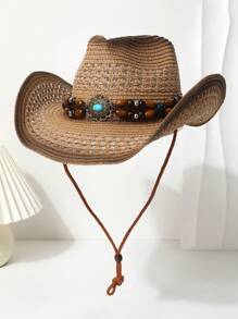 1pc Women's Zirconia Chain Decorated Gradient Perforated Windproof Rope Straw Hat, Panama Hat, Spring/Summer Unisex Fashion Versatile Sun Protection Hat Suitable For Daily Wear, Beach, Outdoor, Vacation - Top Hat - View 2