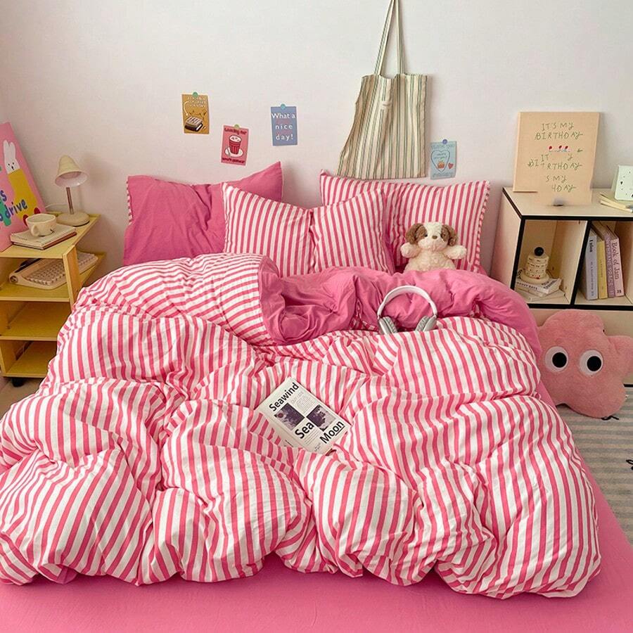 4pcs Solid Color Striped Crafted Soft Cloud-Like Bedding Set, Pastel Macaron Solid Color Pattern, Soft & Comfortable For Bedroom, Dorm, Queen/Twin Size Bed, Reversible, Breathable, Skin-Friendly, All Season