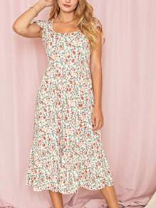 Boho Retro Ditsy Floral Flutter Puff Sleeve Square Neck Tiered Ruffle Tea Midi Length Classic Bridgerton Dress - Yellow - View 4
