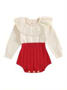 Suéter para niña recién nacida, mono de manga larga con cuello de muñeca de color en contraste, mono de otoño e invierno - Rojo - Ver 1