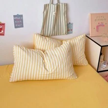 4 pièces Ensemble de literie moelleux et doux comme un nuage, à rayures unies, motif unicolore pastel, doux et confortable pour la chambre, le dortoir, lit double/queen/twin, réversible, respirant, convient à toutes les saisons - Multicolore - Voir 7