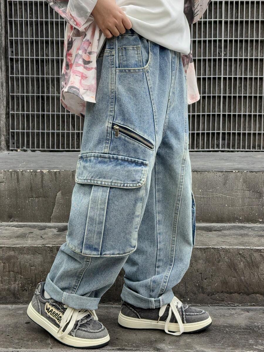 宽松男童拉链大口袋牛仔工装牛仔裤，春季