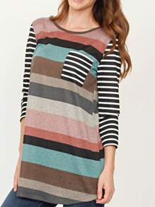 Boho Retro Vintage Green Knit Stripe Raglan Quarter Bishop Balloon Sleeve Stripe Color Block Sleeve Fall Top Shirt Blouse - 薄荷藍 - 查看 4