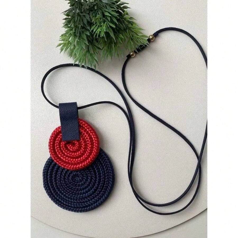 Women's Long Necklace Pendant Mandala Spiral Rope Handmade - 海軍藍/Poa - 查看 1