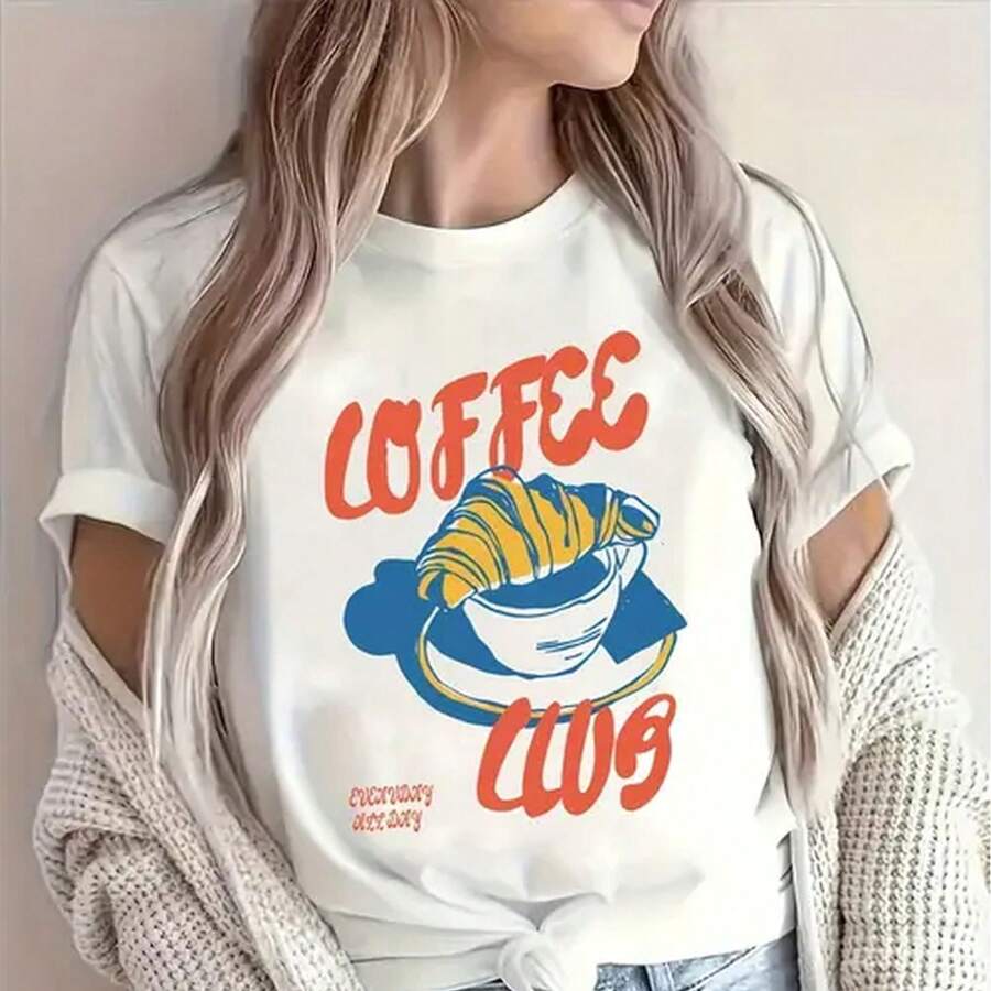 Chic Croissant Coffee Mug Graphic Tee Casual Crew Neck Soft Polyester     Fit For Women Leisure Style All   All - White - View 1