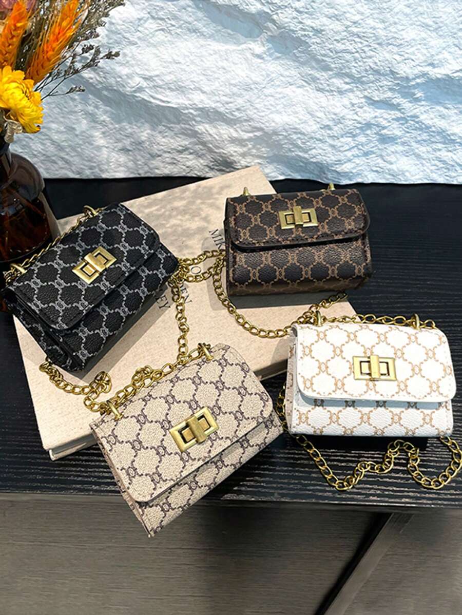 1 PIEZA Bolso cuadrado mini de PU con patrón geométrico y cierre de giro, adecuado para uso al aire libre a principios de la primavera, un regalo perfecto entre amigos