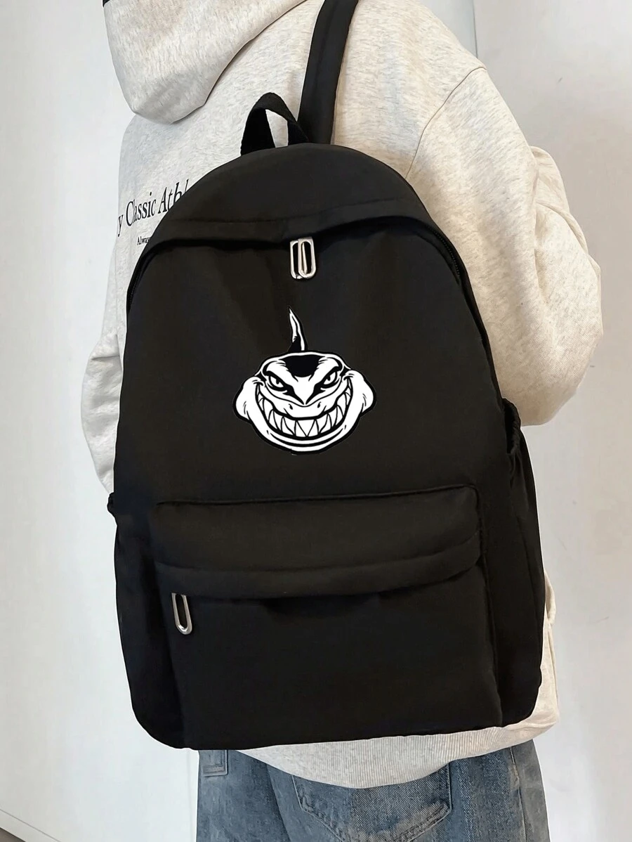 New Solid Color Nylon Commuter Backpack For Men, Casual Business Computer Daypack College Bookbag With Shark Print Design, Versatile Student Rucksack Summer Summer Bag Spring Break Vacation Bags Black Bag Pack Backpacks Travel Must Haves Large Bag - Black - View 1