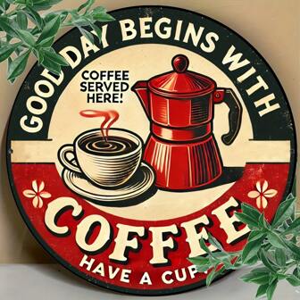 7.8 Inch Vintage Round Metal Sign "A Good Day Starts With Coffee" - Retro Kitchen Wall Art, Metal Coffee Cup And Pot Design Plaque, Indoor Hanging Decor For Home, Cafe, Restaurant, Bar - Classic Decorative Sign With Random Hole Style