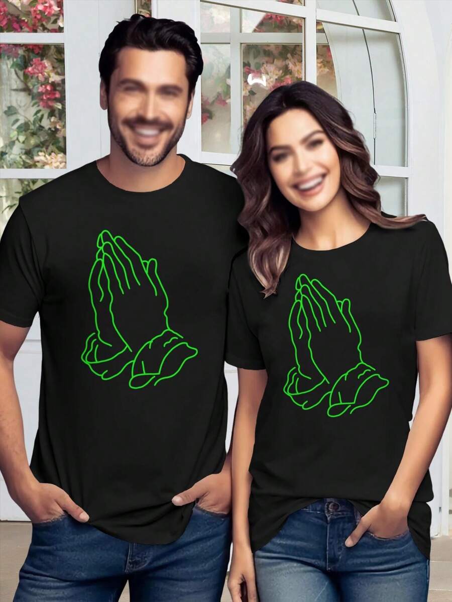 Minimalist Neon Green Praying Hands Line Art Lovers' Tattoo-Style T-Shirt For Women - Black - View 1