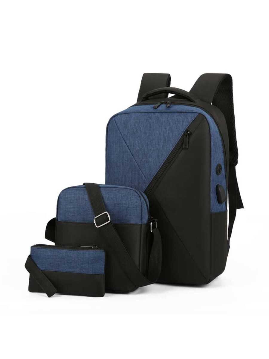 3 Piezas Mochila Casual Carga USB Escolar Laptop 15.6 Plugadas - Azul - Ver 1