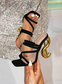 Women's Fashionable Block Heel Square Toe 2-In-1 Black Rhinestone Decor Transparent Luxurious Party High Heel Sandals, Suitable For Outdoor Wear - Black - View 1