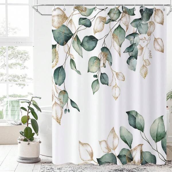 1pc Sage Green Leaf Shower Curtain, Green And Gold Eucalyptus Leaf Botanical Watercolor Plants Spring Bathroom Curtain Home Bathroom Decor Summer Bathroom Accessories Back To School