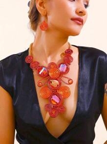 Exaggerated Multi-Layer Handmade Beaded Necklace And Earrings Set, Bohemian Vintage Style For Party, Holiday, Suitable For Women - Multicolor - View 7
