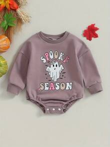 Newborn Halloween Outfit Girl Boy Spooky Season Romper Bubble Sweatshirt Bodysuit Fall Halloween Baby Clothes - Purple - View 2