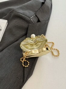 Fashionable Party Glossy Acrylic Lip Shaped Clutch Bag, Metallic Color Chain Decor Shoulder Evening Purse Valentines - Gold - View 5