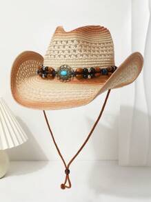 1pc Women's Zirconia Chain Decorated Gradient Perforated Windproof Rope Straw Hat, Panama Hat, Spring/Summer Unisex Fashion Versatile Sun Protection Hat Suitable For Daily Wear, Beach, Outdoor, Vacation - Top Hat - View 14